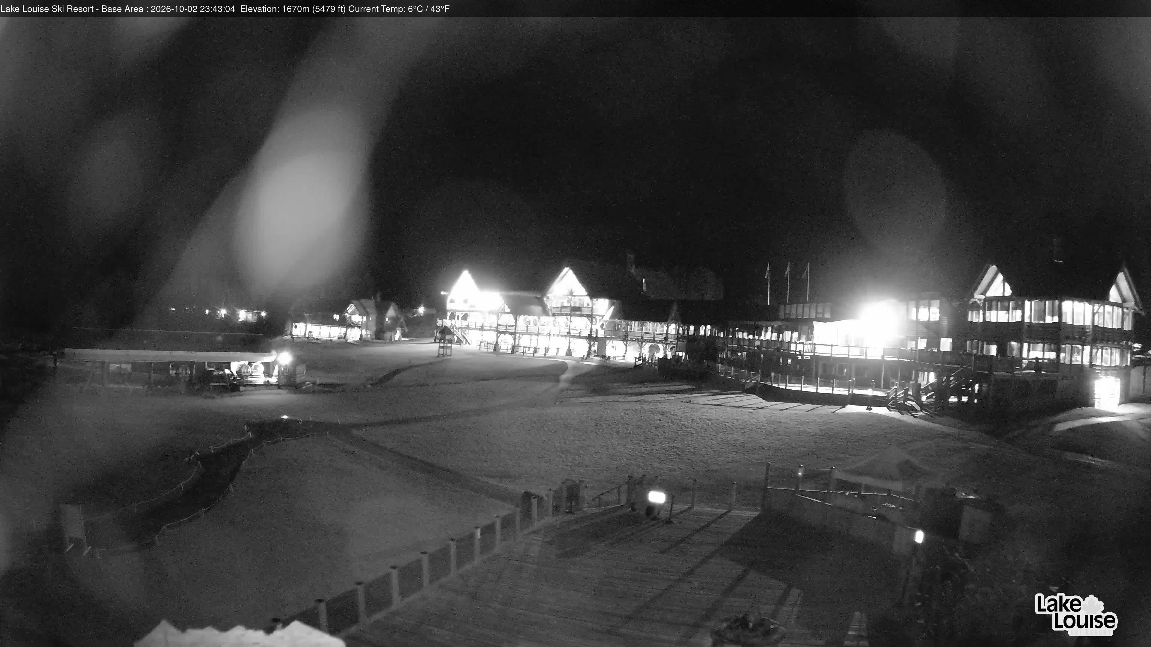 Ski Lake Louise Ski Resort Base Area - East snow cam captured at 2 October 2026 at 11:43 pm GMT-6