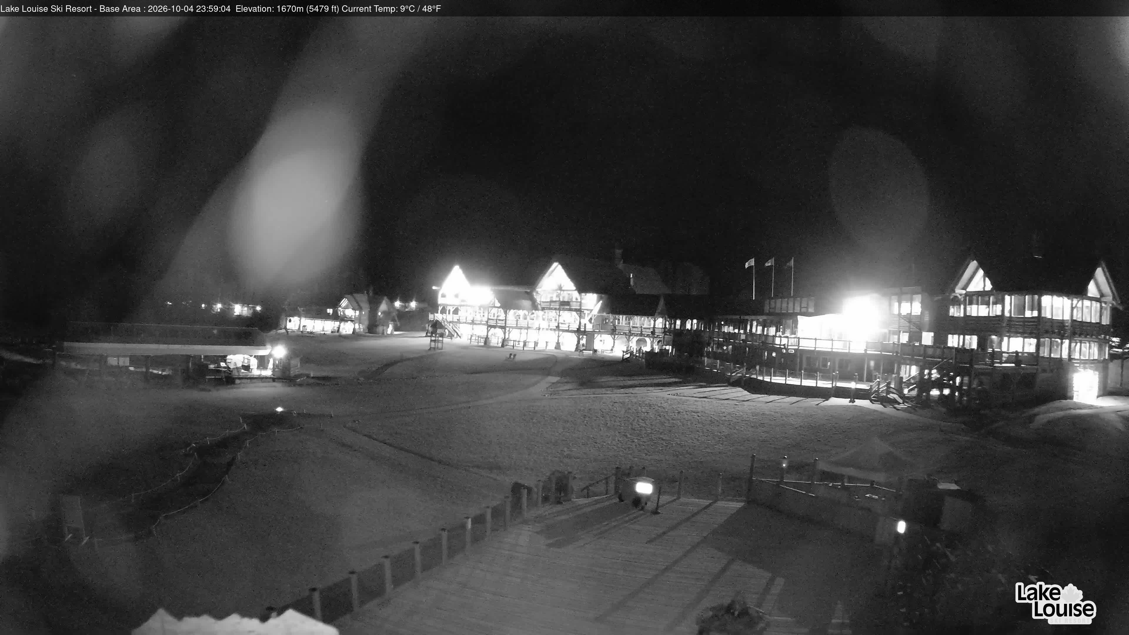 Ski Lake Louise Ski Resort Base Area - East snow cam captured at 4 October 2026 at 11:59 pm GMT-6