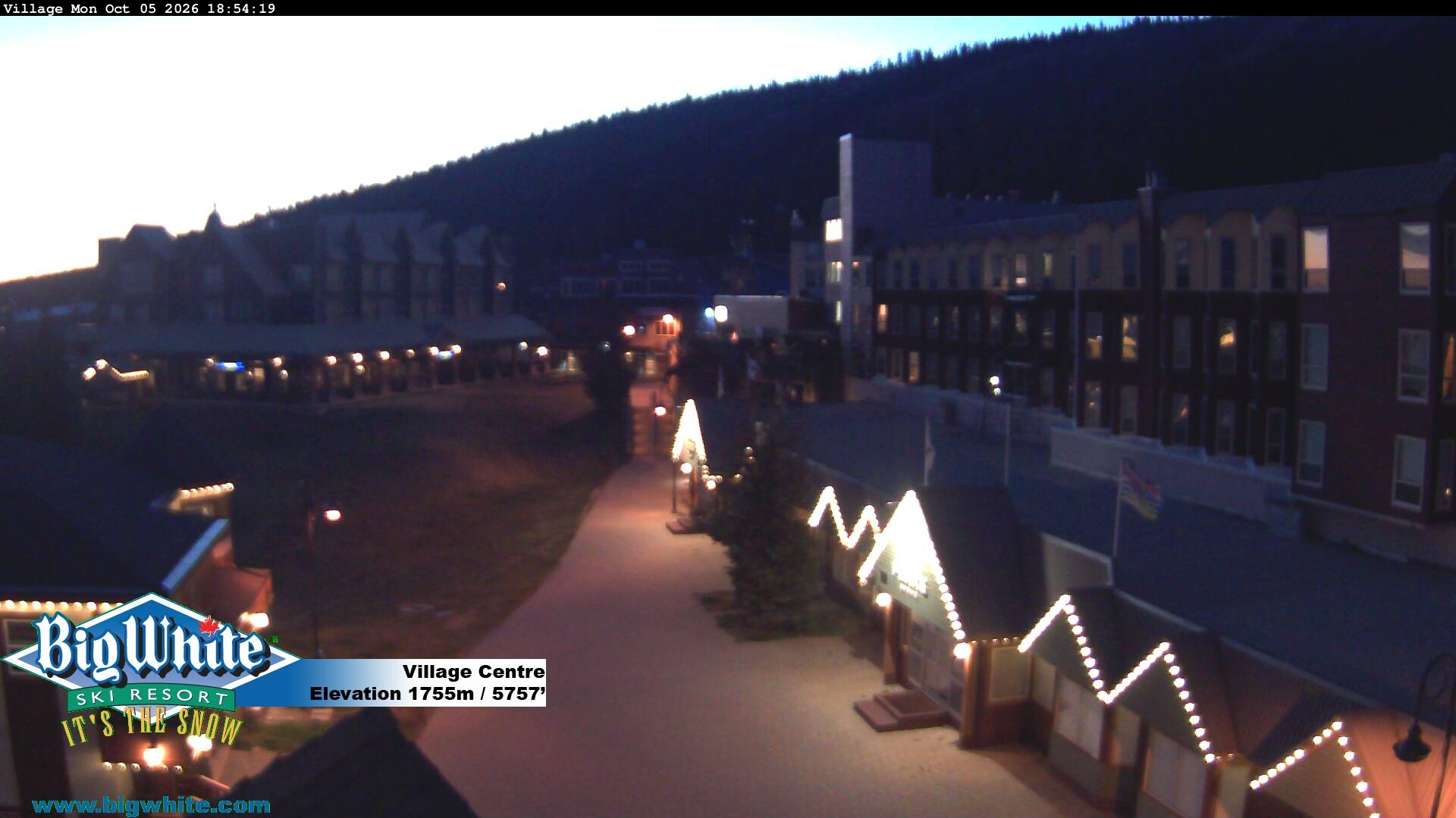 Big White Village Centre snow cam captured at 5 October 2026 at 7:05 pm GMT-7