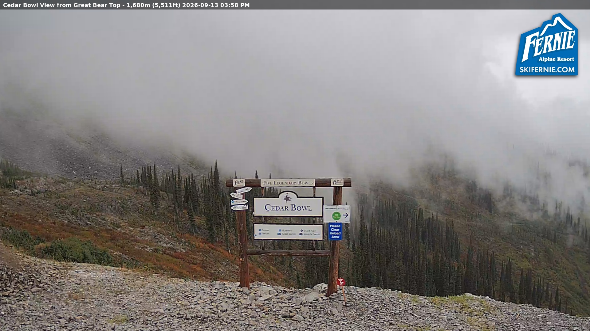 Fernie Cedar Bowl snow cam captured at 13 September 2026 at 2:59 pm GMT-7