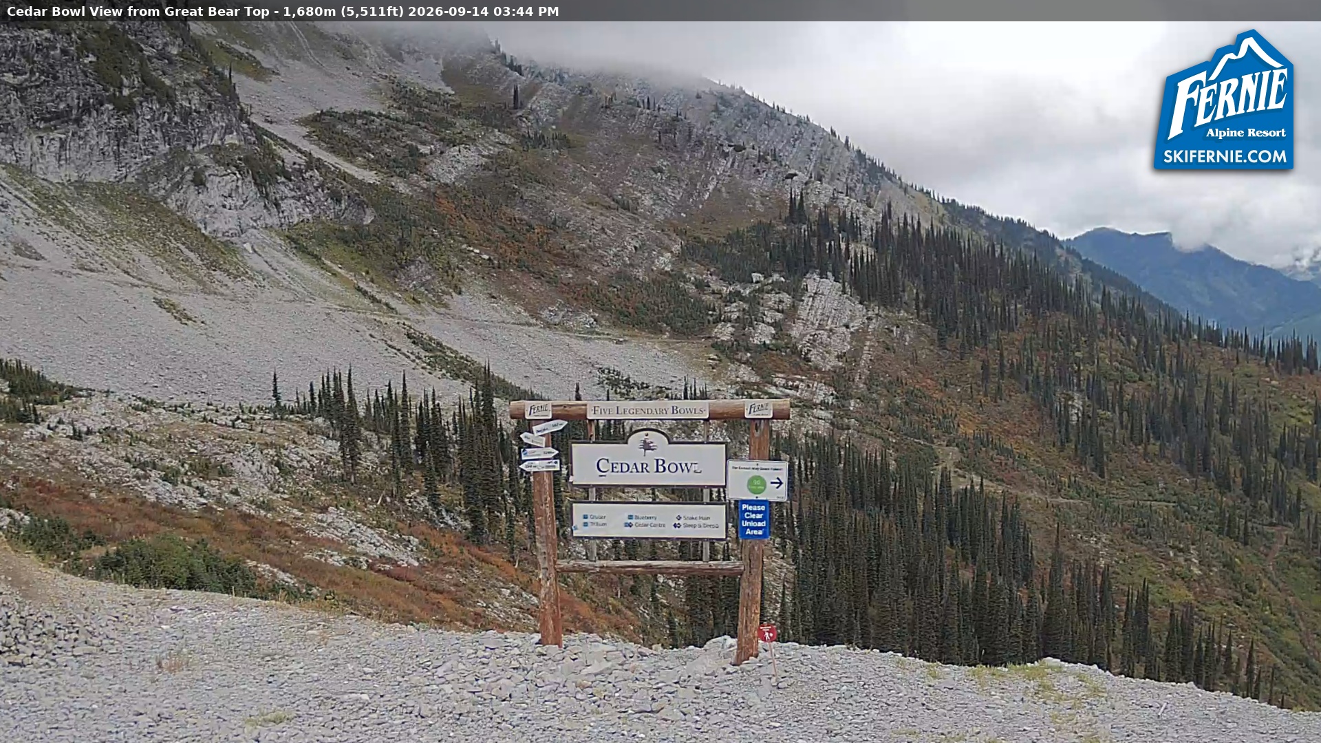 Fernie Cedar Bowl snow cam captured at 14 September 2026 at 2:54 pm GMT-7