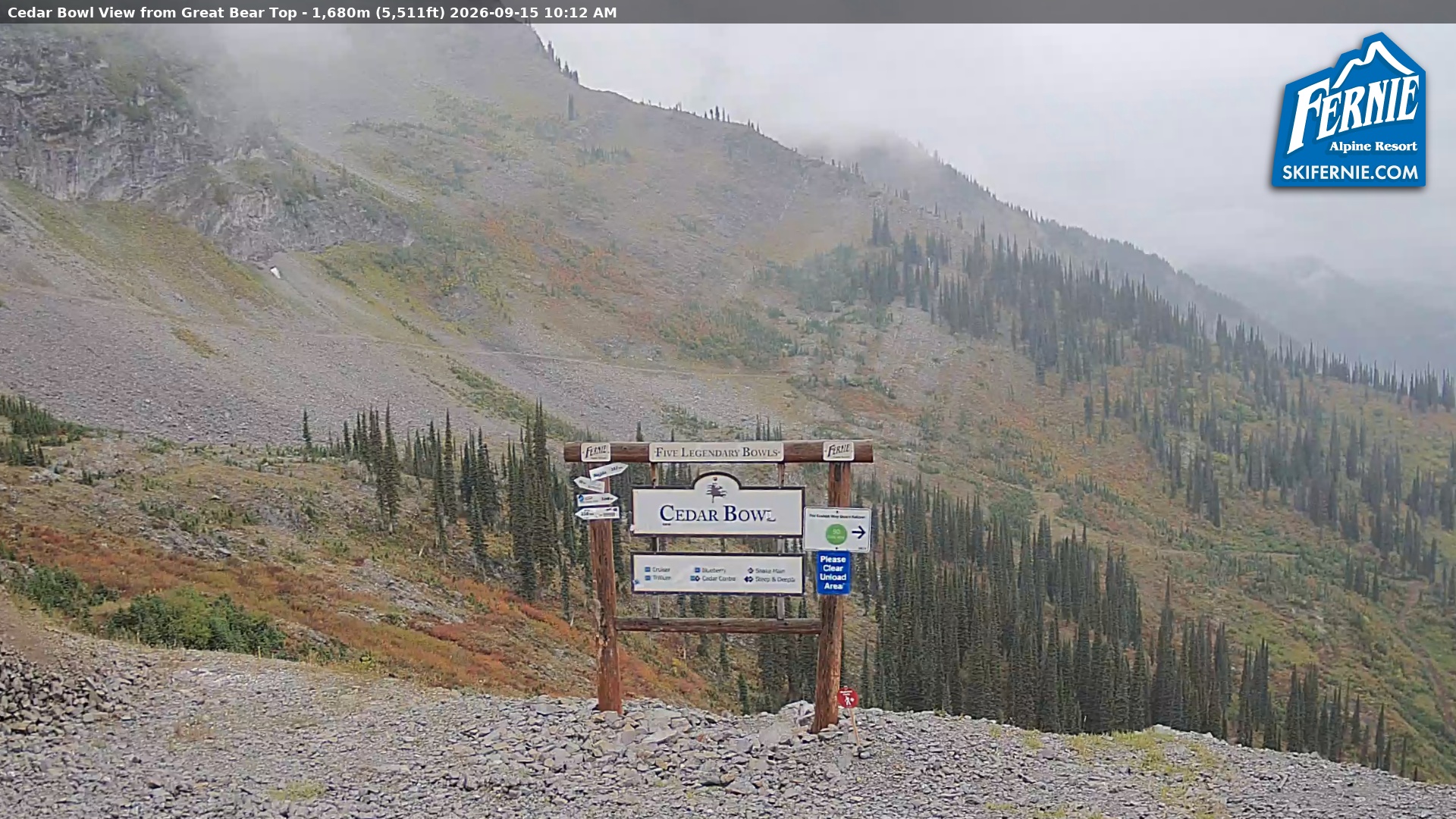 Fernie Cedar Bowl snow cam captured at 15 September 2026 at 9:14 am GMT-7