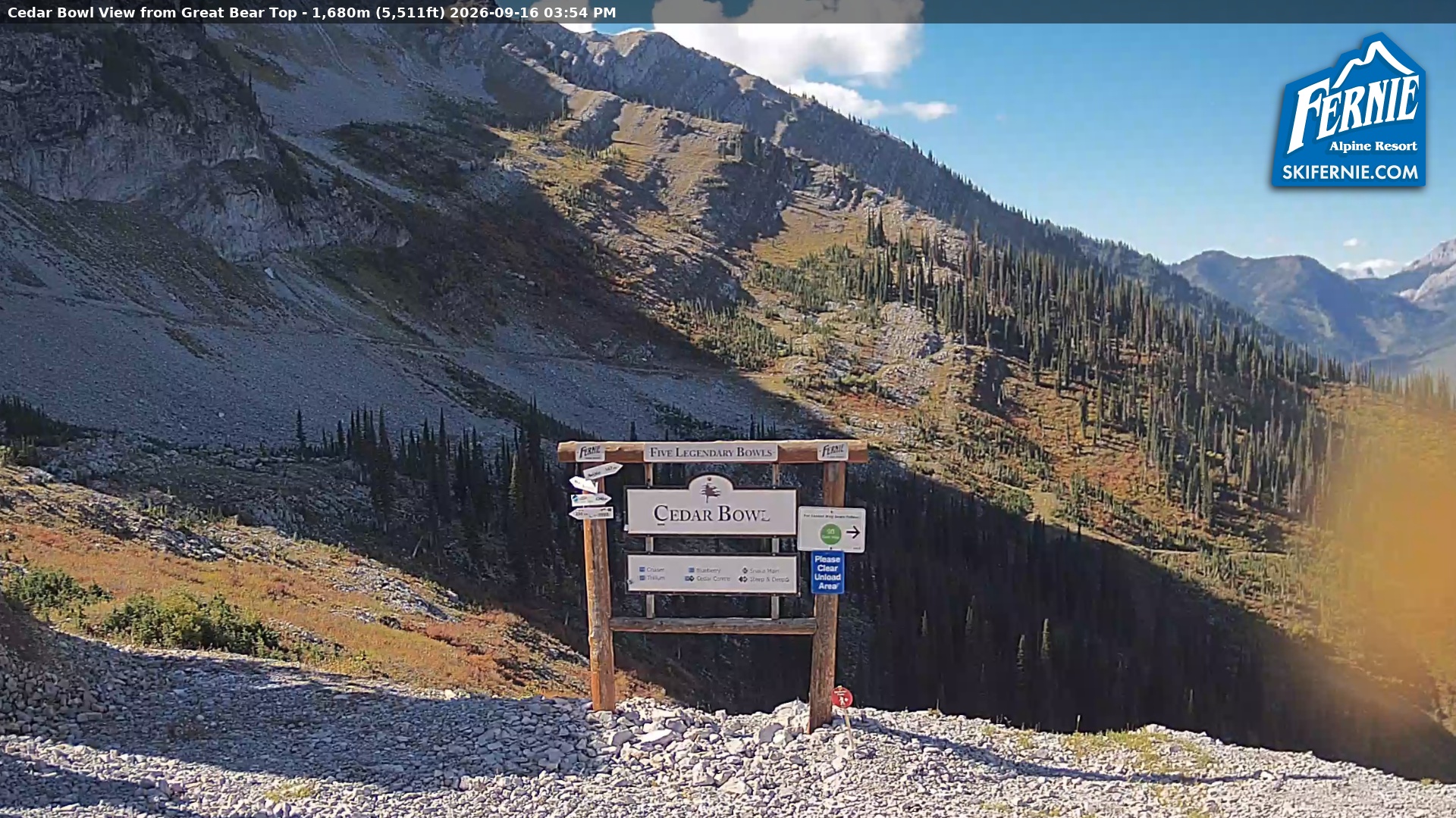 Fernie Cedar Bowl snow cam captured at 16 September 2026 at 2:58 pm GMT-7