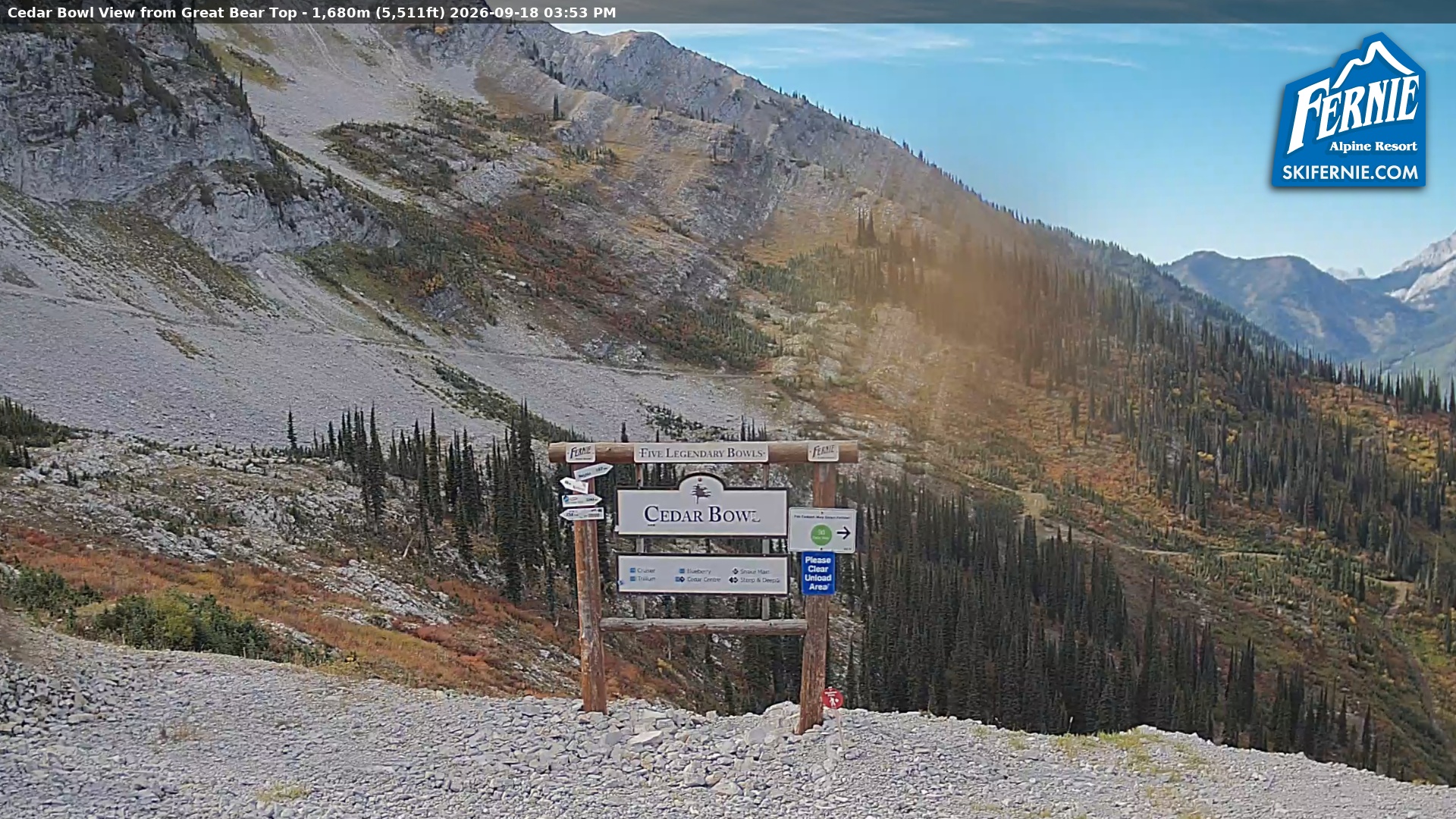 Fernie Cedar Bowl snow cam captured at 18 September 2026 at 3:01 pm GMT-7