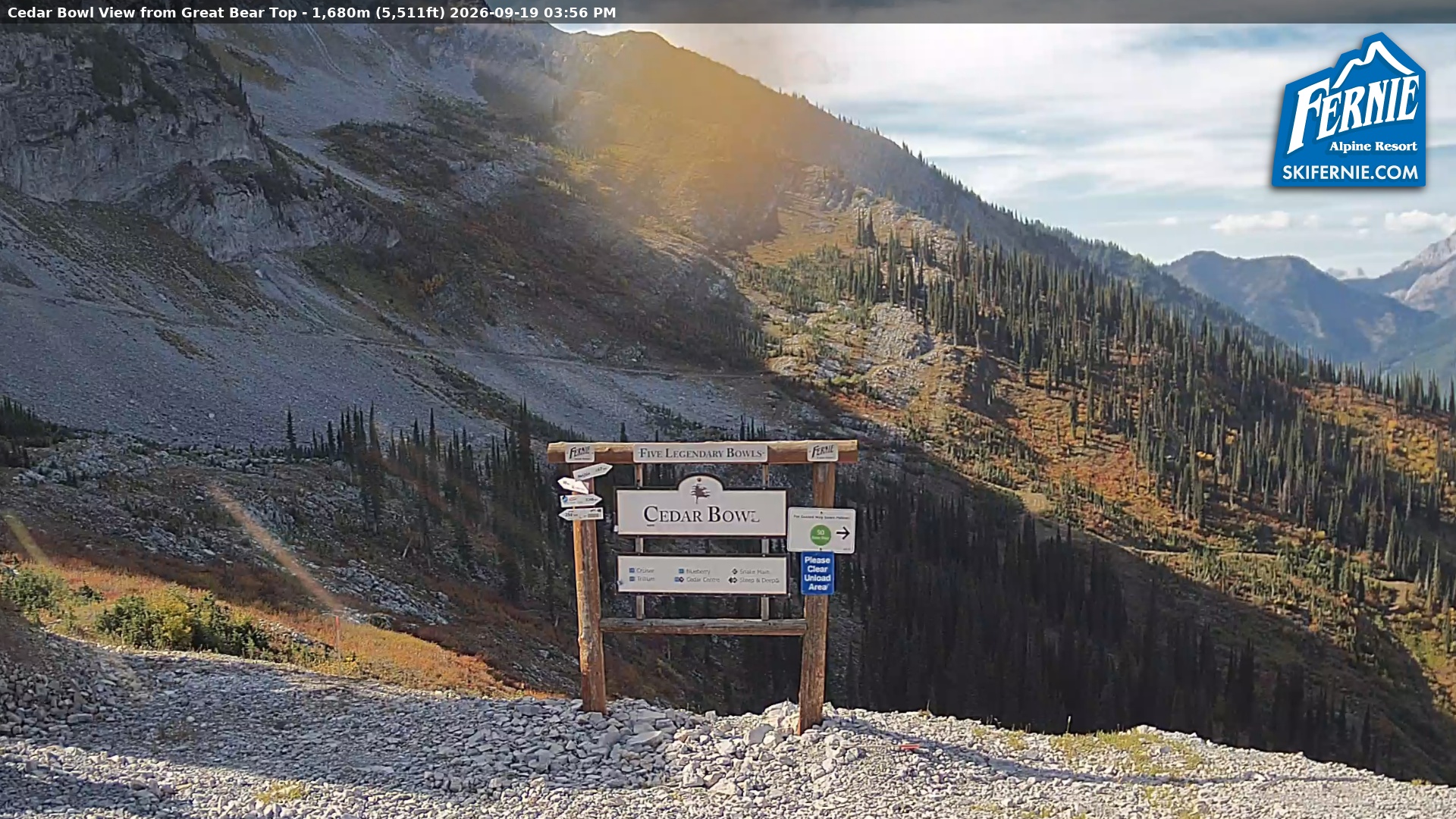 Fernie Cedar Bowl snow cam captured at 19 September 2026 at 3:07 pm GMT-7