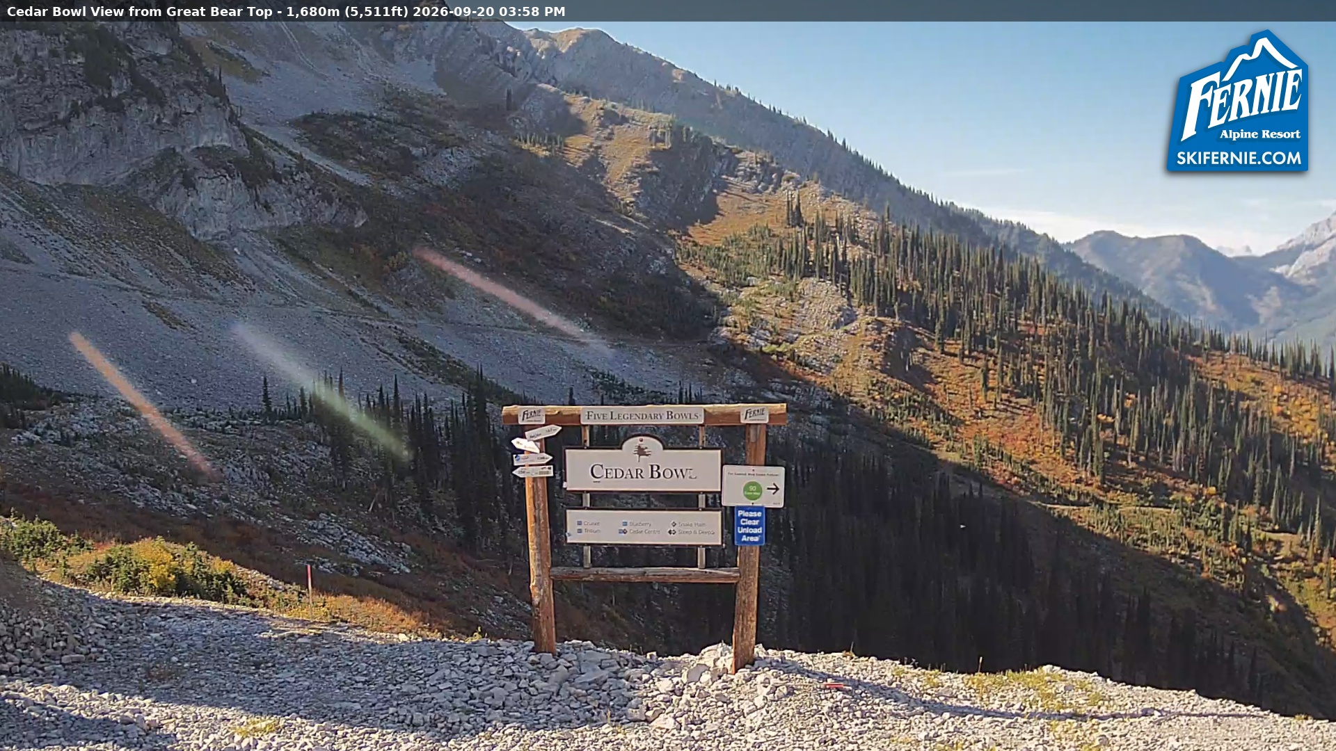 Fernie Cedar Bowl snow cam captured at 20 September 2026 at 3:04 pm GMT-7