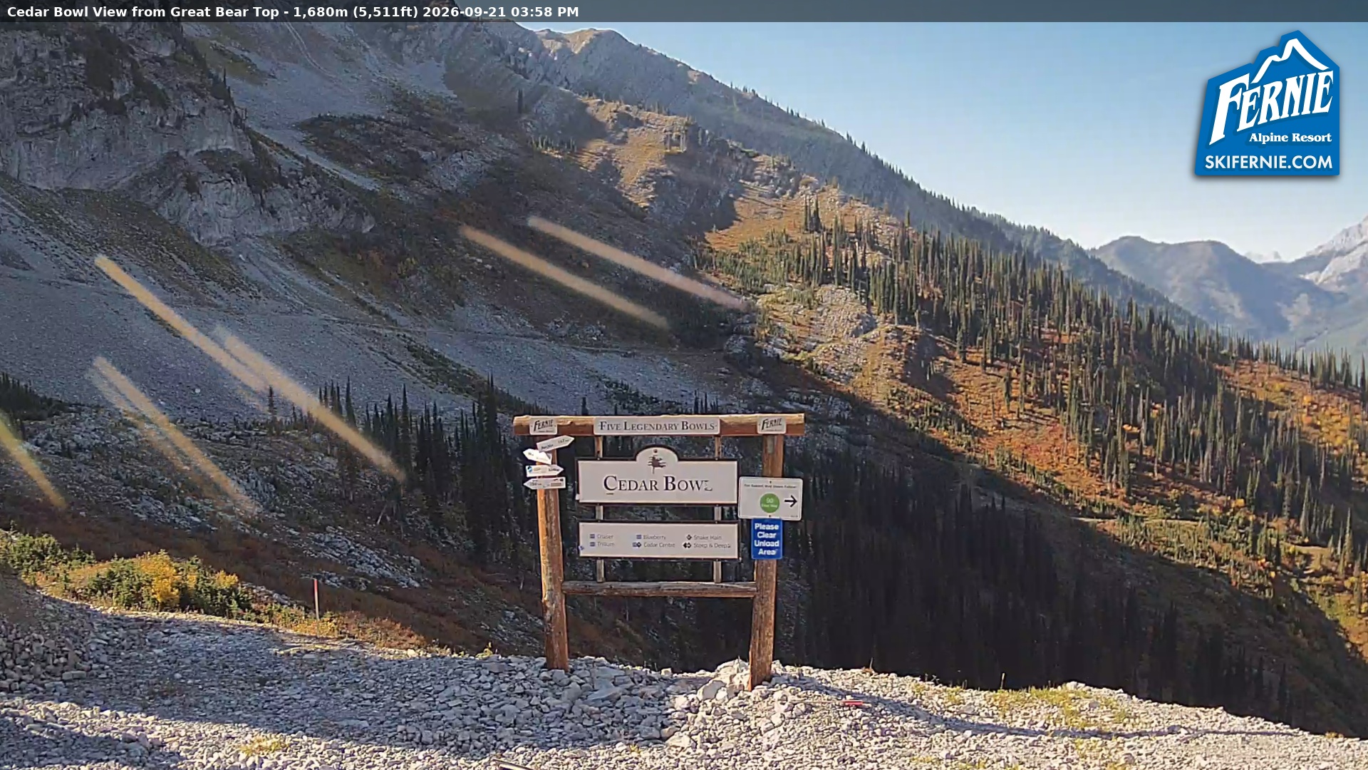 Fernie Cedar Bowl snow cam captured at 21 September 2026 at 3:05 pm GMT-7