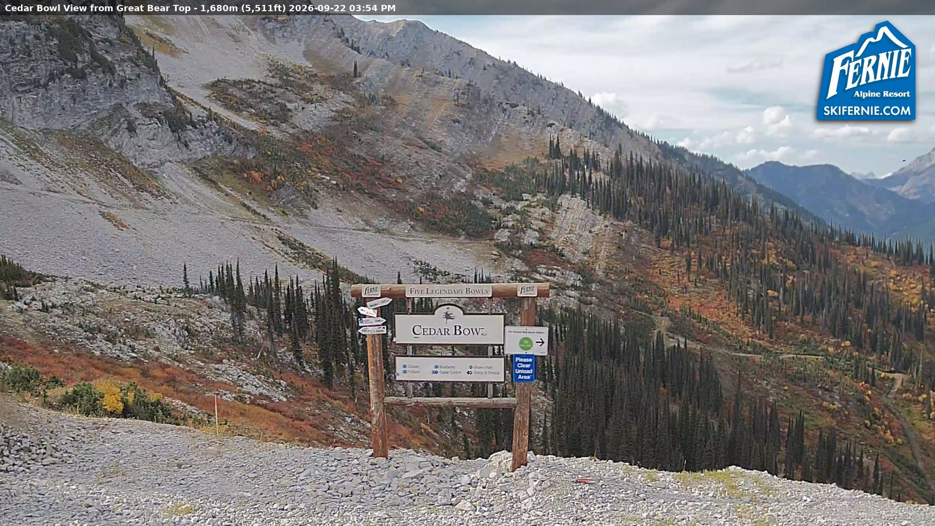 Fernie Cedar Bowl snow cam captured at 22 September 2026 at 2:54 pm GMT-7