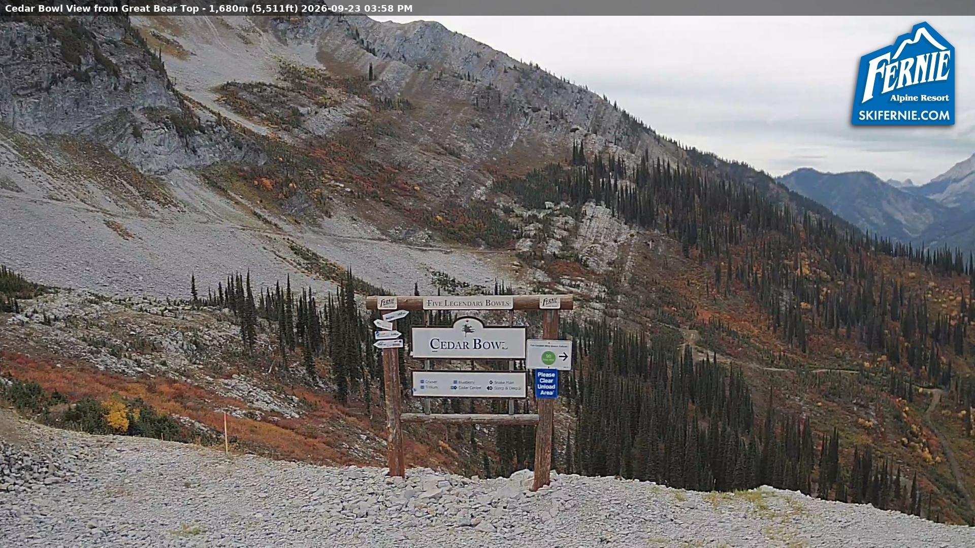 Fernie Cedar Bowl snow cam captured at 23 September 2026 at 3:06 pm GMT-7