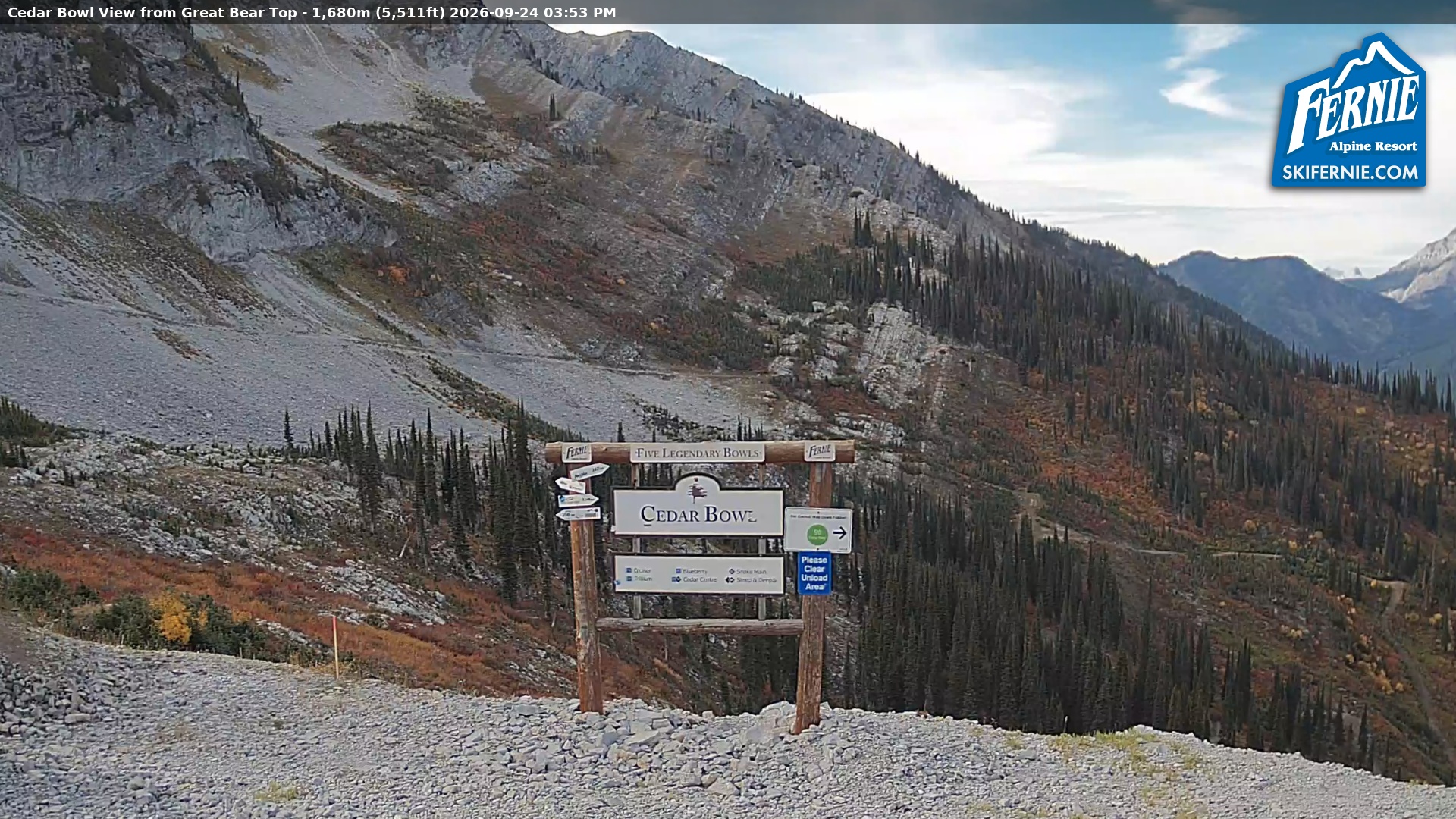 Fernie Cedar Bowl snow cam captured at 24 September 2026 at 3:01 pm GMT-7