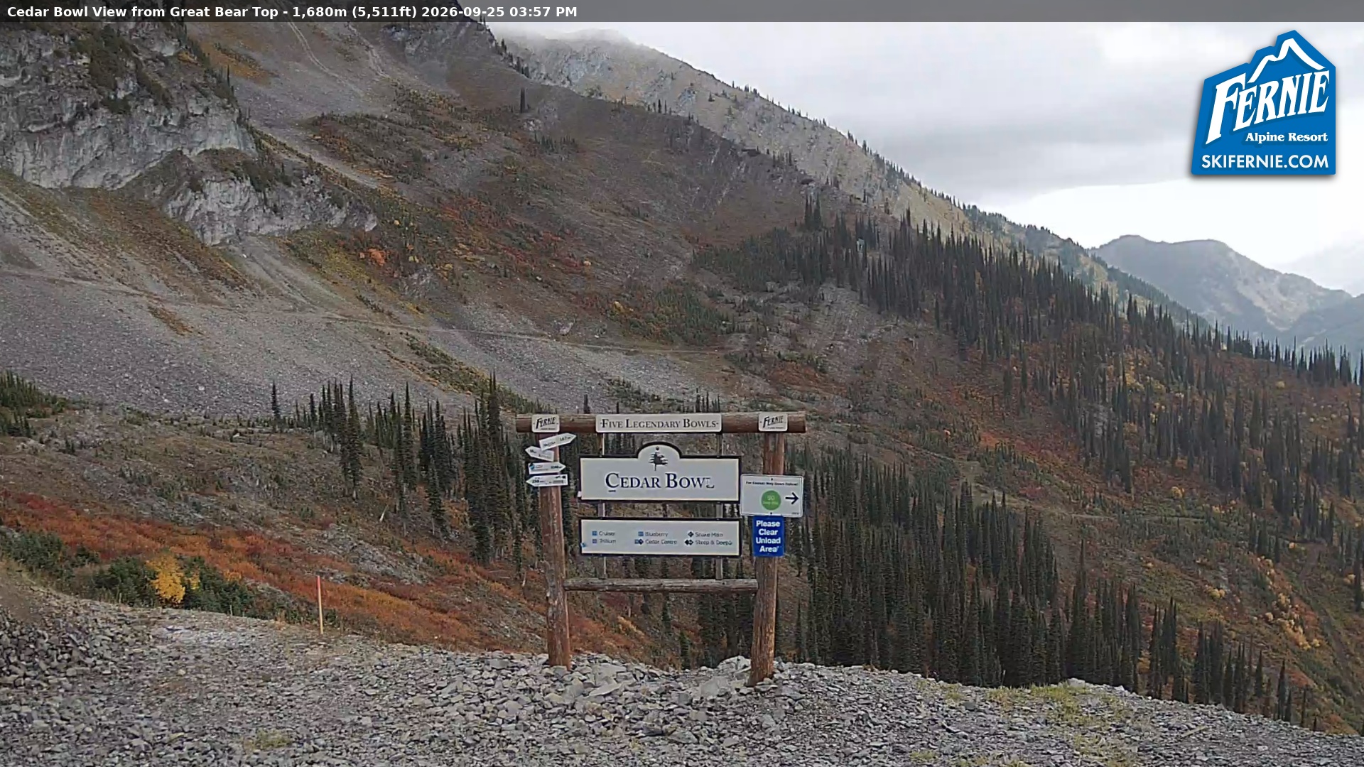Fernie Cedar Bowl snow cam captured at 25 September 2026 at 3:02 pm GMT-7