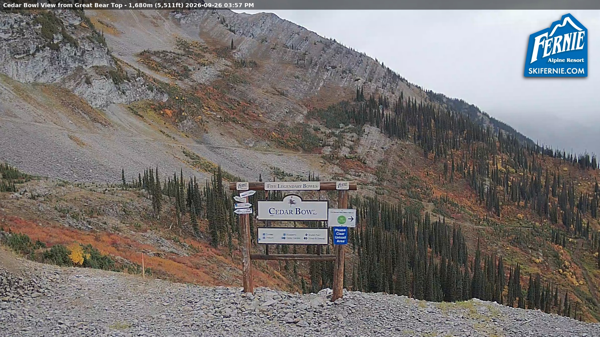 Fernie Cedar Bowl snow cam captured at 26 September 2026 at 3:03 pm GMT-7