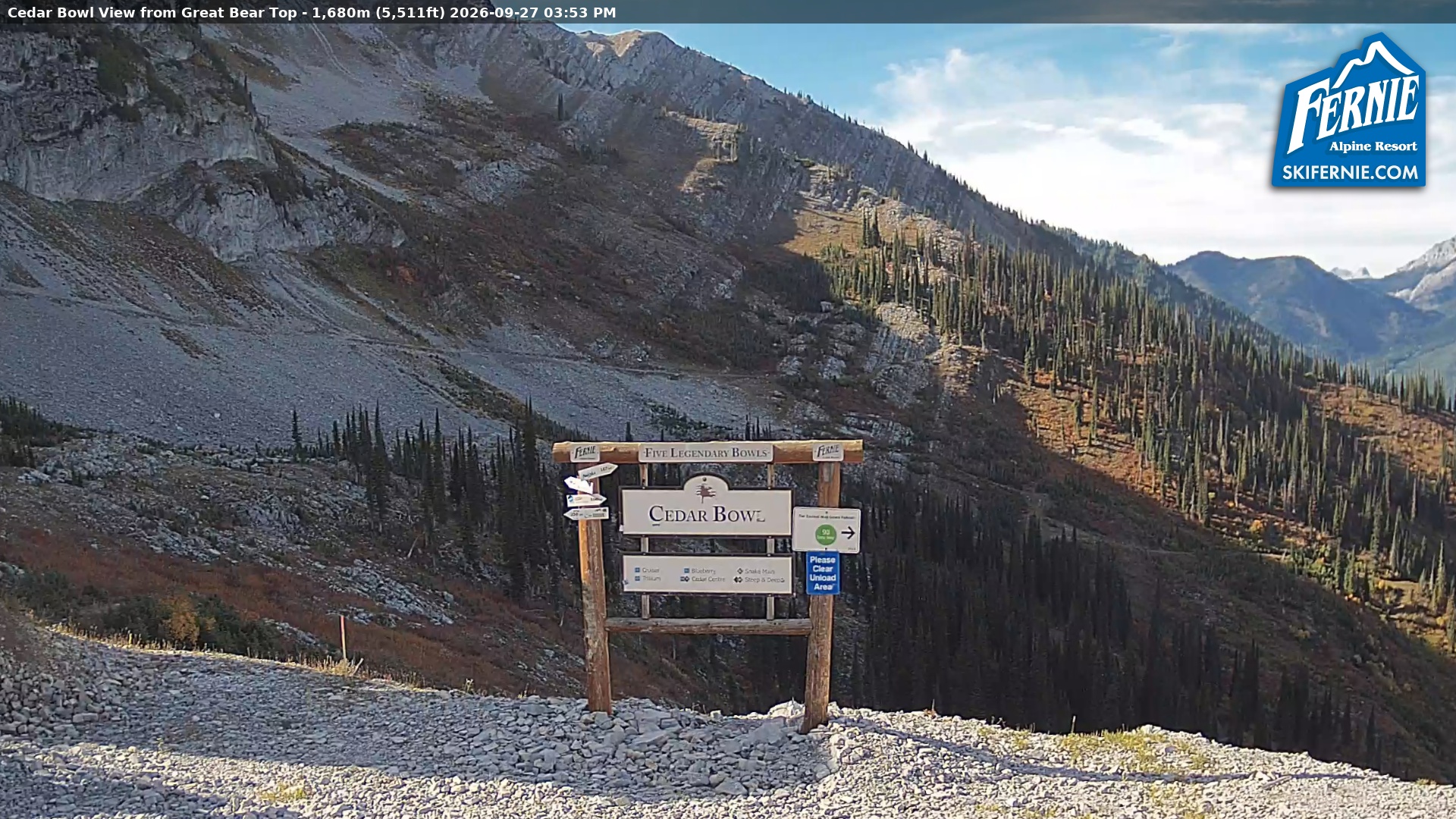 Fernie Cedar Bowl snow cam captured at 27 September 2026 at 2:58 pm GMT-7
