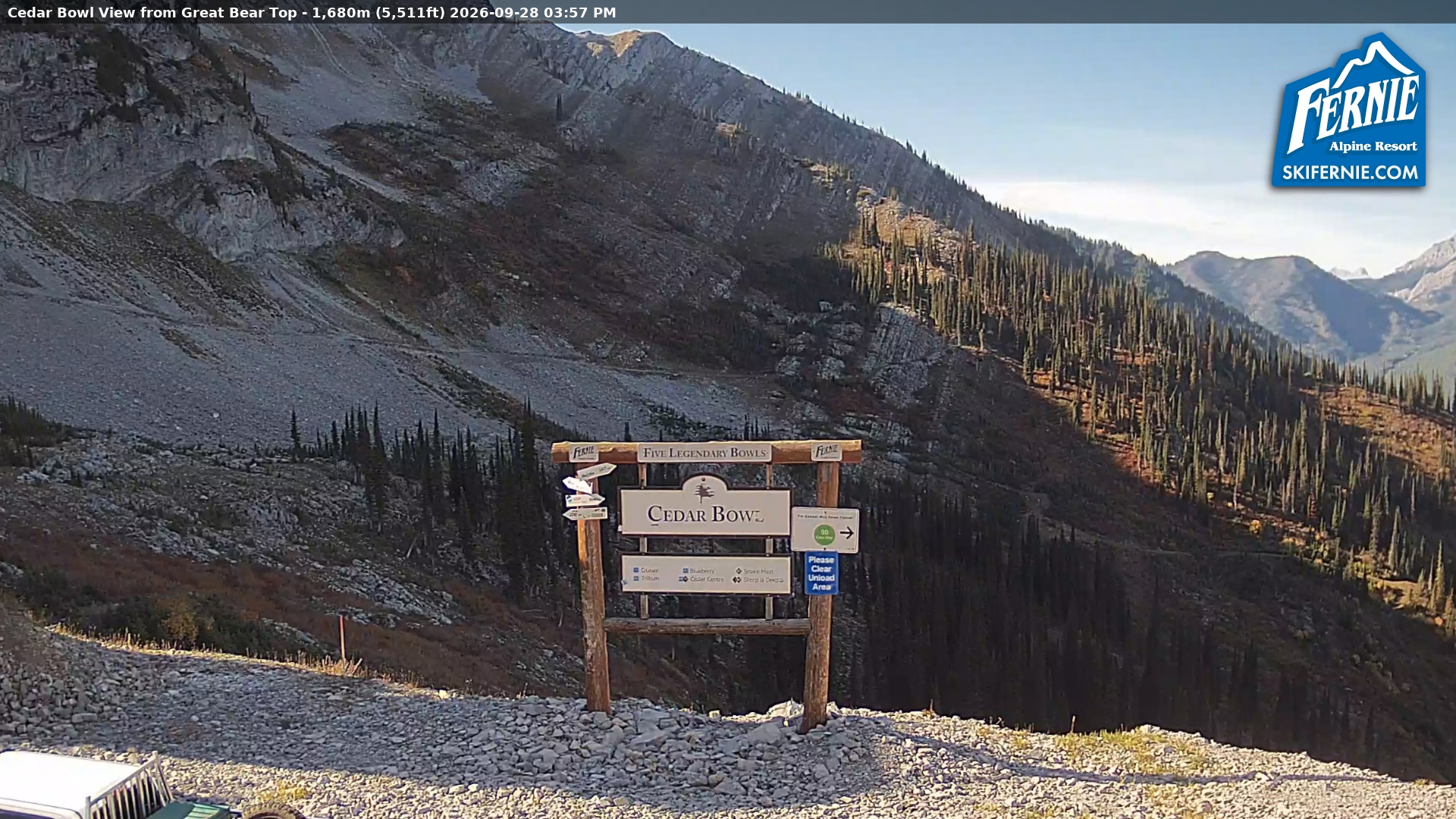 Fernie Cedar Bowl snow cam captured at 28 September 2026 at 3:06 pm GMT-7