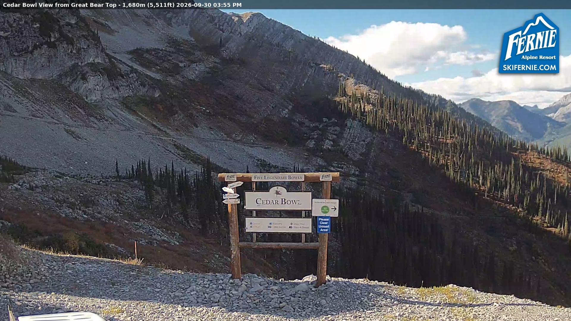 Fernie Cedar Bowl snow cam captured at 30 September 2026 at 3:01 pm GMT-7
