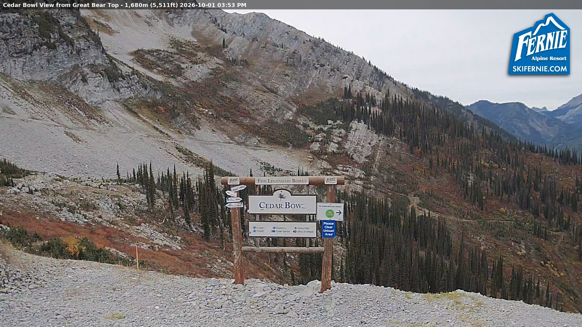 Fernie Cedar Bowl snow cam captured at 1 October 2026 at 3:05 pm GMT-7