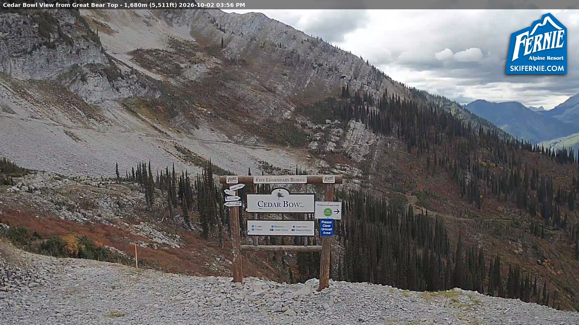 Fernie Cedar Bowl snow cam captured at 2 October 2026 at 3:00 pm GMT-7