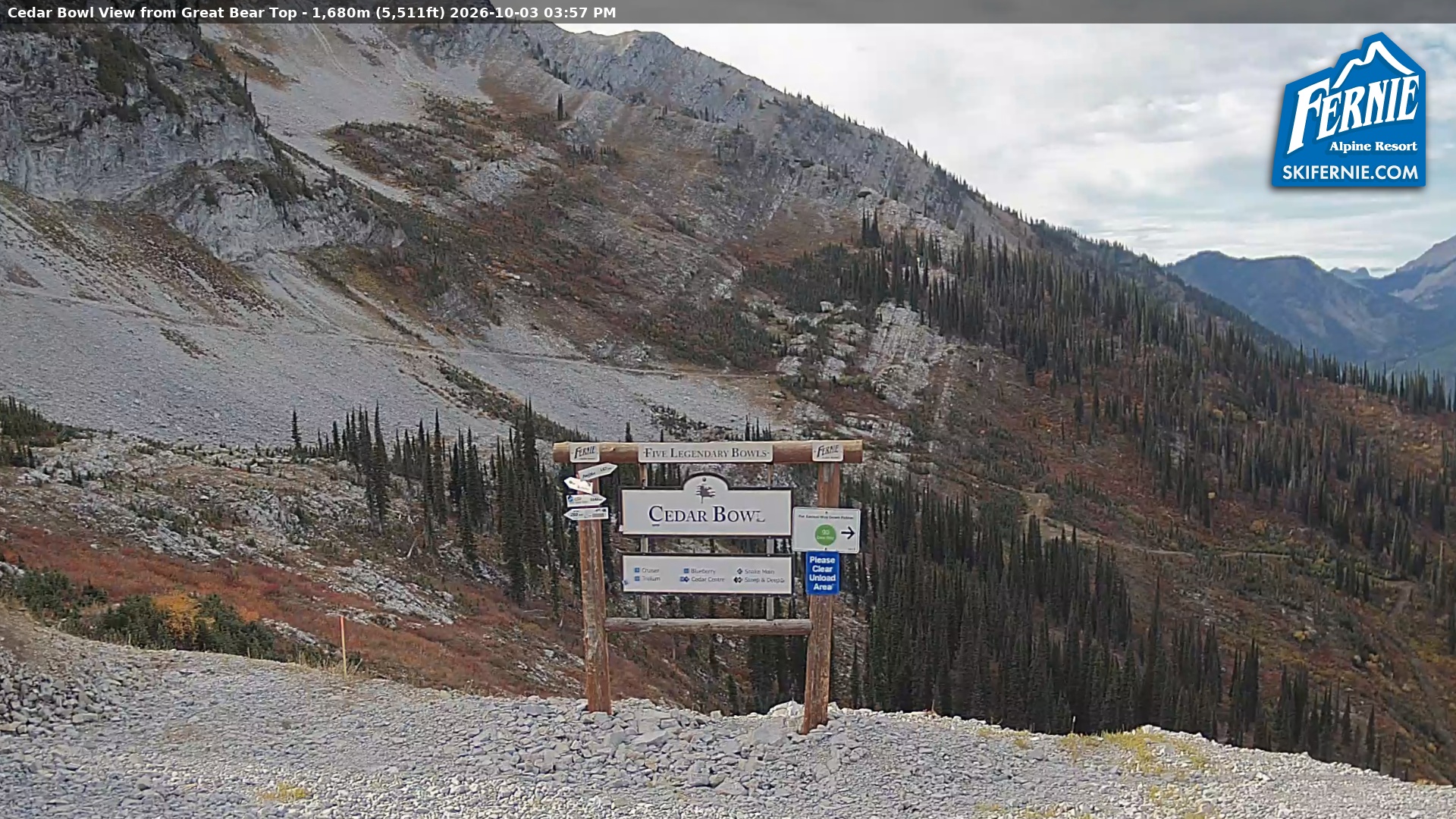 Fernie Cedar Bowl snow cam captured at 3 October 2026 at 2:59 pm GMT-7