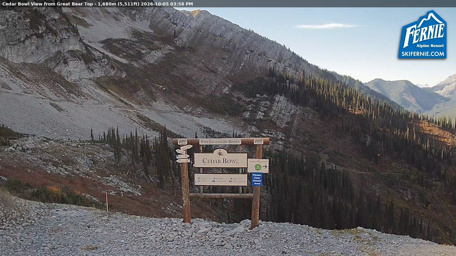 Fernie Cedar Bowl snow cam captured at 5 October 2026 at 3:07 pm GMT-7