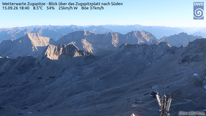 Zugspitze Zugspitze Summit - South snow cam captured at 15 September 2026 at 6:49 pm GMT+2