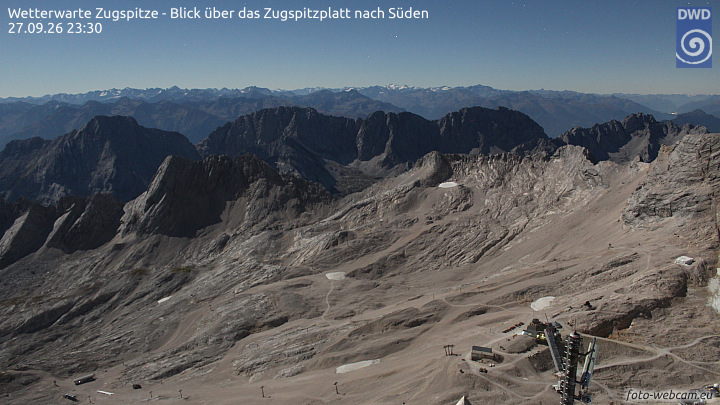 Zugspitze Zugspitze Summit - South snow cam captured at 27 September 2026 at 11:39 pm GMT+2