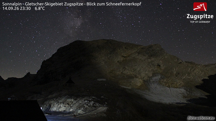 Zugspitze Sonnalpin Glacier snow cam captured at 14 September 2026 at 11:31 pm GMT+2