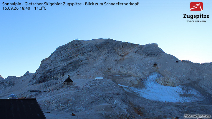 Zugspitze Sonnalpin Glacier snow cam captured at 15 September 2026 at 6:49 pm GMT+2
